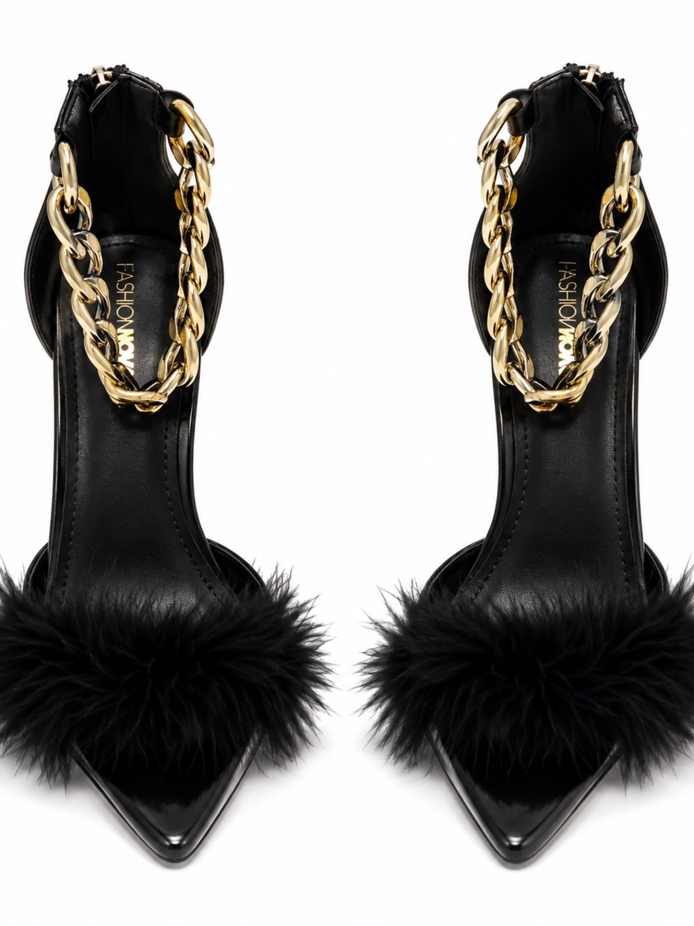 Fashion Nova Black Faux Fur Gold Chain Stiletto Heeled Sandals|Goth Glam|Diva